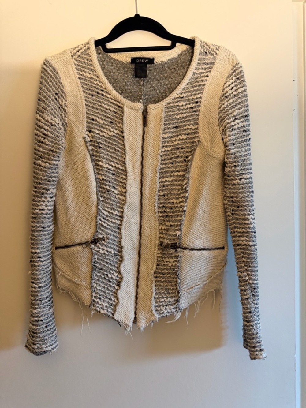DREW Cream and Gray Textured Zip-Front Knit Jacket